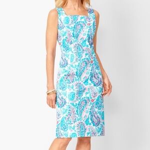 Talbots Blue & Pink Fresco Paisley Print Sleeveless Square Neck Sheath Dress